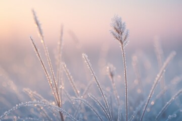 Fototapeta premium Delicate frost crystals and ice flowers on winter meadow at sunrise sparkling bokeh and pastel sky tones macro nature scene with serene stillness