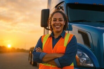 Confident female trucker in safety vest leaning on semi door cheerful expression professional driver diversity in transport industry portrait at sunrise