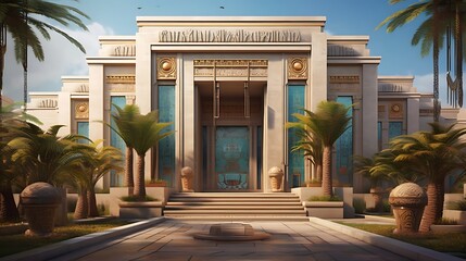 Majestic temple facade bathed in sunlight, adorned with palm trees under clear sky