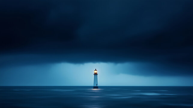 Solitary lighthouse stands tall against dark, stormy sky, illuminating ocean with its guiding light, creating serene yet dramatic scene