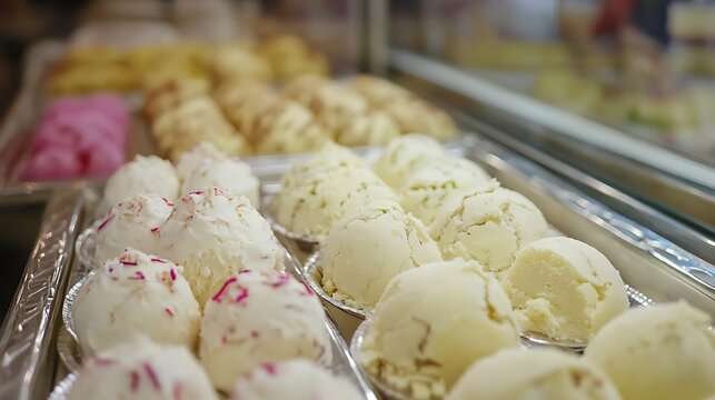 Closeup footage of milk and guar sandesh at display