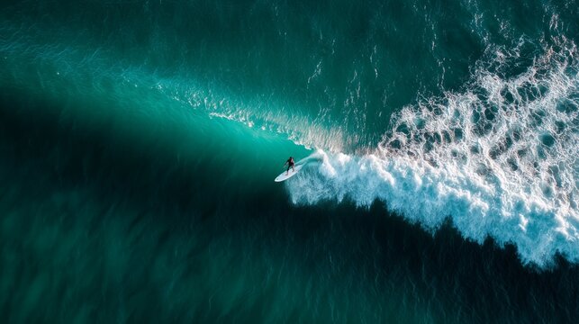High-angle shot of a surfer skillfully riding a powerful wave in vibrant turquoise ocean waters, showcasing surfing excitement.