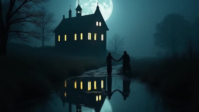 Terrifying Reflection of a Moonlit Night with a Large Haunted House, Looped Cinematic Background, Figures