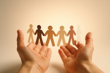 Leader hands shielding a connected paper people chain symbolizing inclusive team trust safety and compassionate workplace culture with warm light
