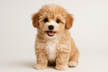 Obraz premium Adorable fluffy toy poodle mix puppy smiling on white seamless background cute brown and white teddy bear dog looking at camera