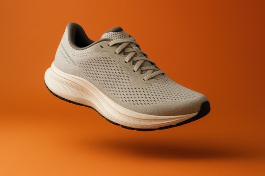 Unbranded stability running sneakers with plush cushioning on bold orange backdrop dynamic sports footwear product photo clean modern studio light