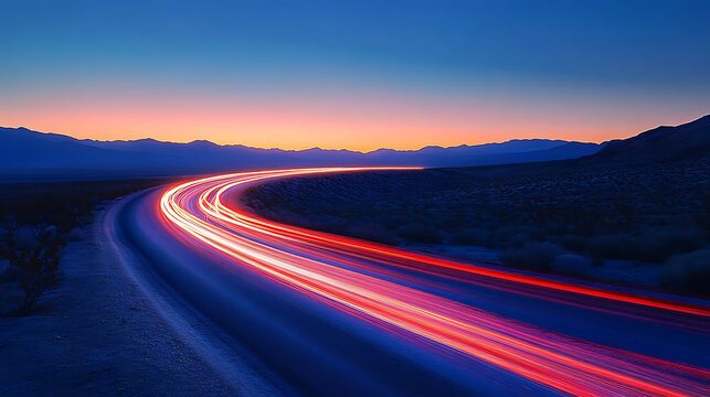 Long exposure of car light trails on a winding highway at dusk with a vibrant sunset sky