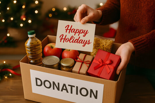 Holiday Donation Box: A close-up captures a heartfelt moment as a person tenderly presents a donation box brimming with gifts, evoking the spirit of generosity and giving during the festive season.