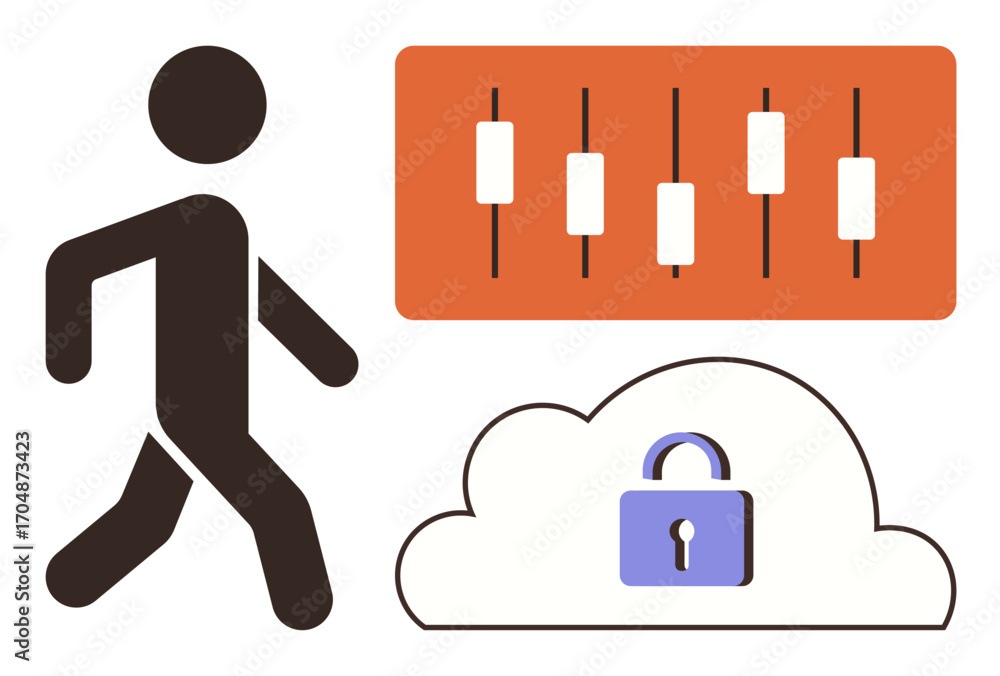 Poster walking figure beside a cloud with lock and chart bars. ideal for data security, access control, ana
