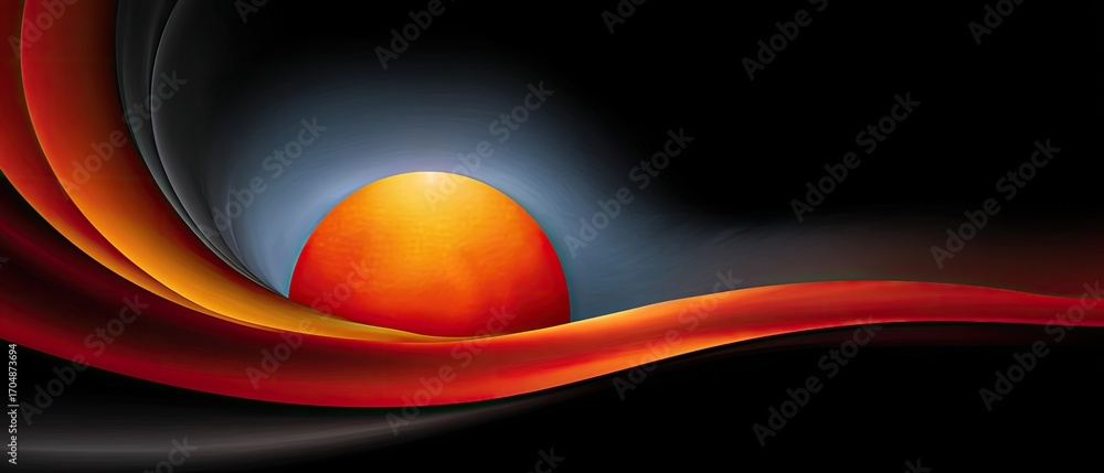 Poster artistic technique symbolic concept. vibrant abstract sunset with flowing waves in red and orange hu