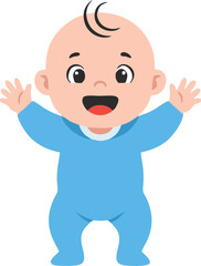 Cheerful Baby in Blue Jumpsuit with Arms Raised and Open Mouth
