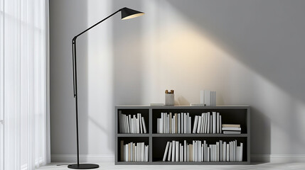 Slim black floor lamp with an angular arm, lighting a minimalist corner bookshelf in a soft gray and white office