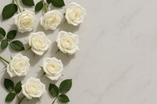 Serene white rose bouquet resting on cool marble surface with soft shadows conveying sympathy remembrance and timeless elegance for memorial designs