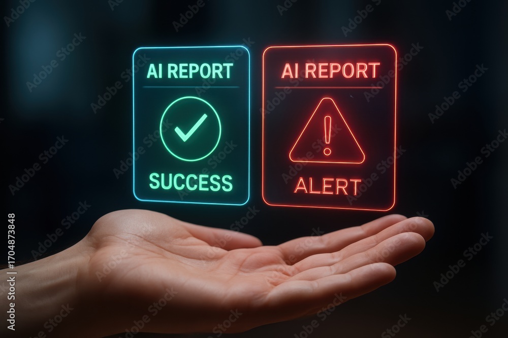 Poster ai automatic task system. a hand displays holographic ai reports indicating success and alert status