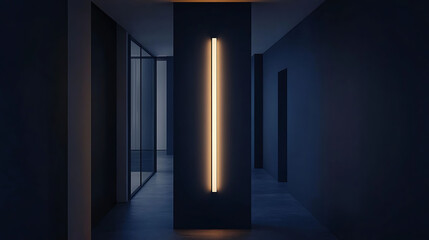 Slim rectangular LED lamp integrated into a vertical wall panel, casting indirect light in a dark navy blue hallway