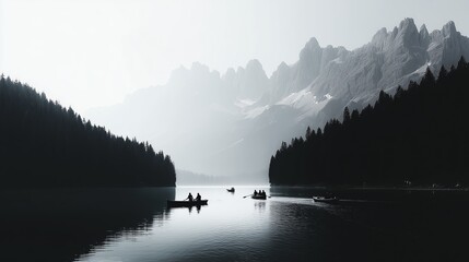 Silhouetted canoes on a serene lake surrounded by mountains and pine trees, creating a peaceful and dramatic scene.