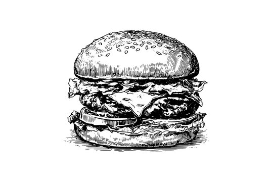 a hand drawn hamburger with a detailed engraving stylebacon, cheese, cheeseburger, draw, drawing, food, hamburger, illustration, ink, lettuce, roll, sketch, tomato 