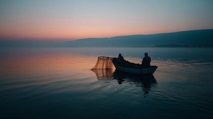 Silhouetted fishermen in a boat cast a net on a tranquil lake during a vibrant, colorful sunset.