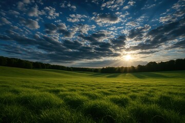 Vast green meadow under dramatic cloudy blue sky with sunlit patches and distant tree line peaceful open space landscape view
