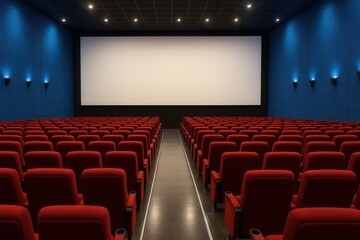 Modern cinema hall with red seats blue ambient glow and giant white screen symmetrical perspective immersive interior architecture no people