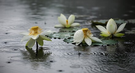White water lilies with raindrops on petals and leaves on a dark, rain-kissed pond surface