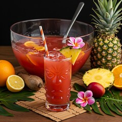  An exotic plumeria rum punch, styled as a tropical paradise i served in a Tiki glass with a straw. It's garnished with a fresh plumeria flower and a pineapple wedge. The background features a large b