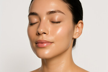 Radiant Beauty: A close-up portrait of a woman with closed eyes, her skin glowing with a natural radiance, showcasing healthy skin and inner peace.