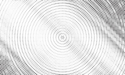 Radial halftone dots. Spotted and dotted stains gradient background. Concentric comic texture with fading effect. Black and white rough gritty wallpaper. Grunge monochrome geometric backdrop. Vector