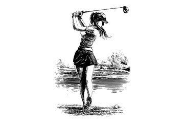 a female golfer swinging a golf club at a golf courseball, club, course, drawing, girl, golf, golf club, golf course, golfer, illustration, play, swing, swinge, tee, woman 