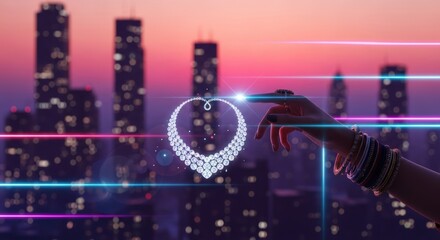 Obraz premium The Future of Luxury Shopping: Woman's Hand Interacting with a Holographic Diamond Necklace in the Metaverse