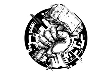 a black and white illustration of a clenched hand holding a piece of rockart, catch, circle, hammer, hand, illustration, logo, person, repair, tool, wrench 