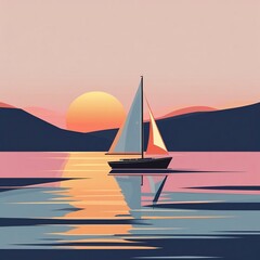 Fototapeta premium Sailboat Silhouette Against a Peaceful Sunset Over Still Waterscape
