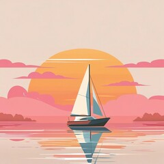 Naklejka premium Sailboat at Sunset Serene Ocean Voyage Peaceful Waters
