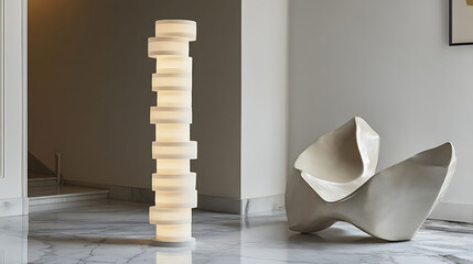 Stacked ring LED lamp in soft ivory, standing tall on a marble floor near a sculptural chair in a modern entryway