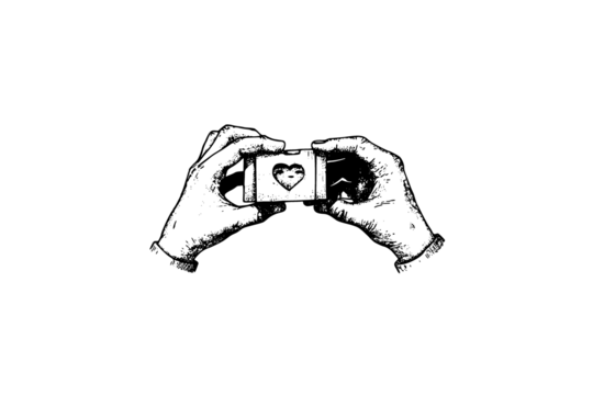 a hand holding a smartphone with a heart-shaped cutout on the screencatch, draw, drawing, hand, heart, heart shape, person, photo, take - Powered by Adobe