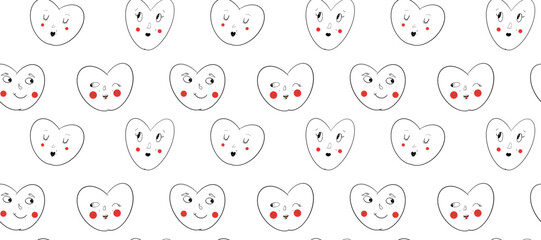 Love art. Funny hearts in doodle style, seamless pattern in line art. Groovy trendy romantic background. Lovely cartoon patterns with smiling hearts for Valentine&rsquo;s designs, fabric, wallpaper
