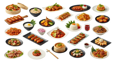 Assortment of Asian Dishes and Food Items Isolated on Black Background
