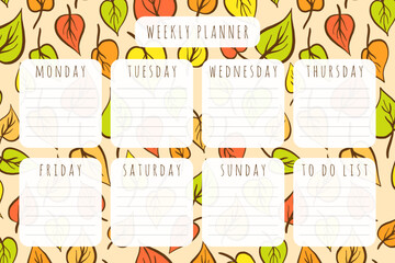 Printable weekly planner. Template with sections for checklists, notes for home, work and education use. Fall aesthetic style.