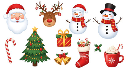 Whimsical Christmas Icons Santa Reindeer Snowmen Tree Gifts Stocking