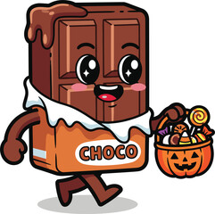Cute cartoon chocolate bar character trick or treating with a pumpkin basket