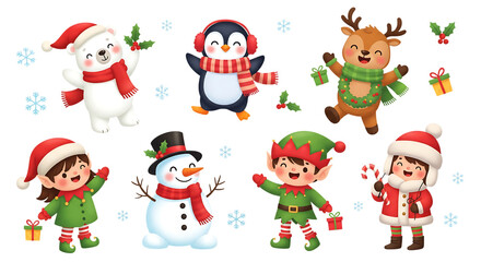 Cute Christmas Characters Polar Bear Penguin Reindeer Snowman Elves