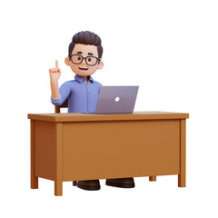 3D cartoon adult male teacher character Pointing Up and Working on Laptop at Desk