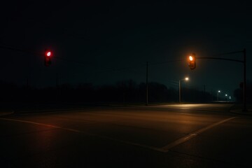 A haunting nighttime scene featuring traffic lights illuminating a deserted road with a touch of urban mystery and eerie atmosphere.