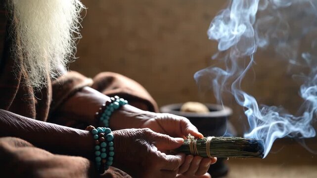 Elderly hands performing a smudging ritual with a burning herbal bundle, emitting cleansing smoke.