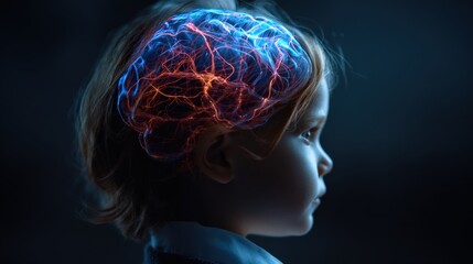 Child's Mind: A digital composite showcasing the mind of a child with a glowing brain, symbolizing intelligence, memory, and cognitive ability. Generative Ai