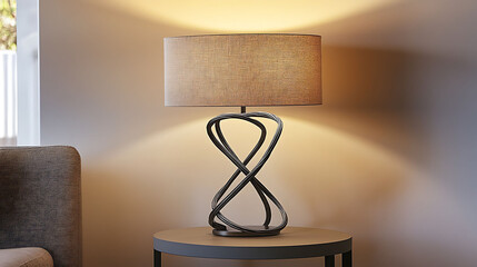 Table lamp with a sculptural twisted metal frame and soft linen shade, placed on a minimal side table with muted decor