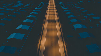 Sleek highway divides rows of modern buildings under moody twilight glow, urban planning concept