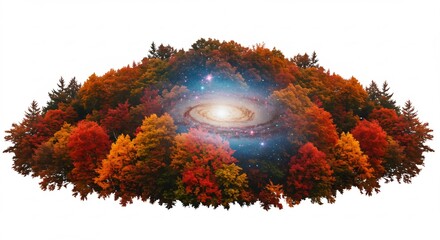 Fototapeta premium 紅葉輝く秋景色 宇宙銀河輝く神秘的融合 幻想的自然. AI Generated