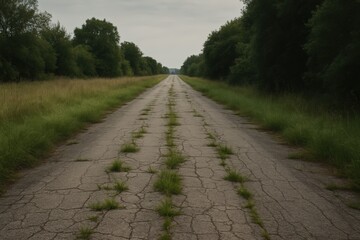A forgotten road stretches into the distance, overgrown with resilient plants. The cracked asphalt whispers tales of neglect, contrasting the thriving greenery.