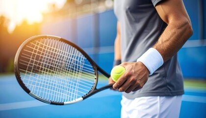 Male tennis player holding racket and ball on court.